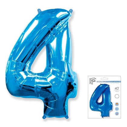 И40 Цифра "4" синий в упаковке / Four / 1 шт /, Фольгированный шар, FLEX METAL, Испания