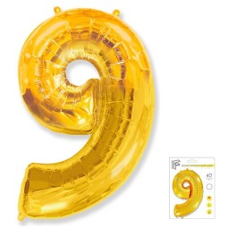 И40 Цифра "9" золото в упаковке / Nine / 1 шт /, Фольгированный шар