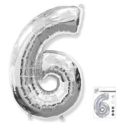 И40 Цифра "6" серебро в упаковке / Six / 1 шт /, Фольгированный шар