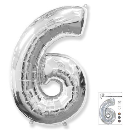 И40 Цифра "6" серебро в упаковке / Six / 1 шт /, Фольгированный шар