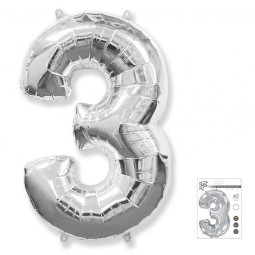 И40 Цифра "3" серебро в упаковке / Three / 1 шт /, Фольгированный шар