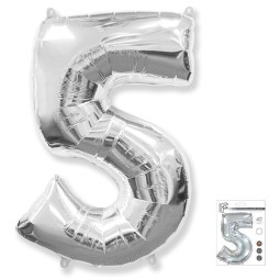 И40 Цифра "5" серебро в упаковке / Five / 1 шт /, Фольгированный шар