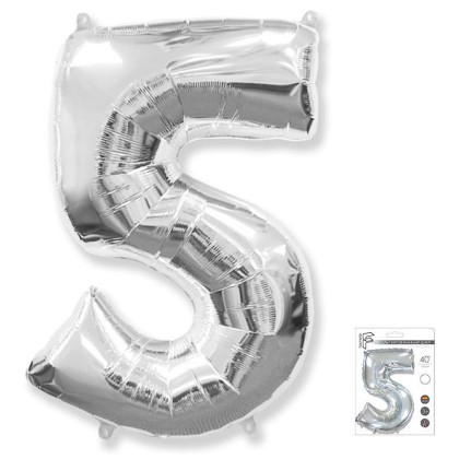И40 Цифра "5" серебро в упаковке / Five / 1 шт /, Фольгированный шар