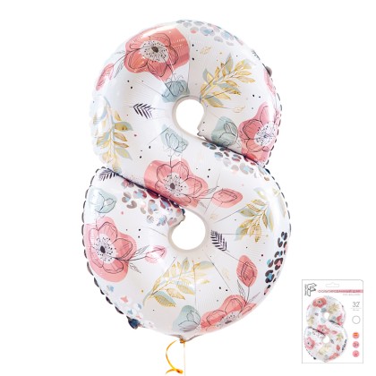 И 32 Цифра "8" Цветочный принт в упаковке / Floral print. Botanics / 1 шт /, Фольгированный шар
