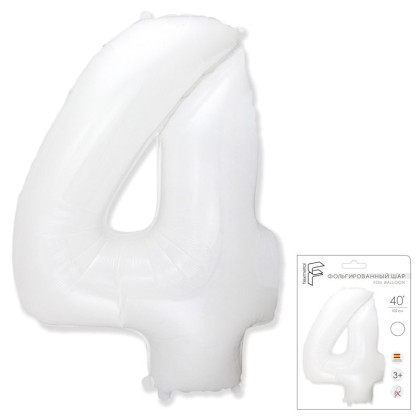 И40 Цифра "4" белый в упаковке/ Four / 1 шт / Фольгированный шар