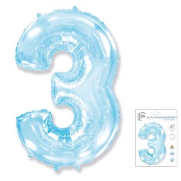 И40 Цифра "3" светло-голубой в упаковке / Three / 1 шт /, Фольгированный шар