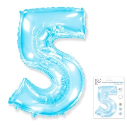 И40 Цифра "5" светло-голубой в упаковке/ Five / 1 шт /, Фольгированный шар